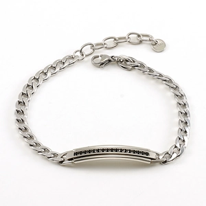 Silver stainless steel Cuban link bracelet with black zircon curved bar for men and women