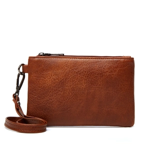 Three-piece retro brown leather tote set including a matching wristlet pouch