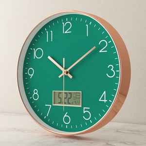 14-inch dark green wall clock with rose gold frame and LCD date temperature display