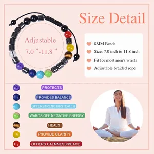 8mm colorful natural stone beaded bracelet with adjustable black braided cord for men