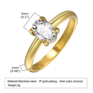 Macro detail showing 5mm cubic zirconia setting and 2mm stainless steel IP gold plated band