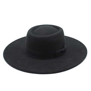 Classic black wool fedora hat with wide brim and elegant ribbon bow decoration
