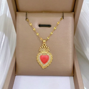 Sacred Heart Pendant Necklace Vintage Gold Plated Stainless Steel Chain Copper Zircon Red Enamel Jewelry For Women
