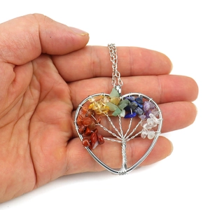 Handmade heart tree of life necklace with seven chakra tumbled stones on silver chain