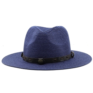 Classic navy blue straw fedora hat with brown leather band and vintage metal buckle