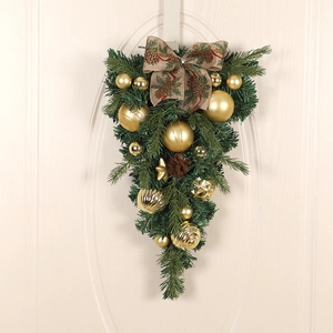 Weihnachts Teardrop Swag Tür Kranz Mit Goldenen Ornamenten Kiefernzapfen Leinen Schleife PVC Künstliches Grün Festlich