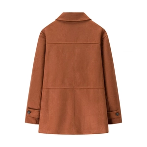 Back view of a brown faux suede jacket with lapels and T-shaped back seam detail