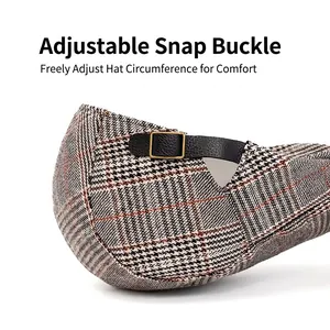 British style gray plaid newsboy cap with adjustable black leather strap and metal buckle