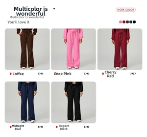 Selection of high-waist drawstring sweatpants in brown, pink, red, blue, and black