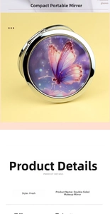 Detail view of a round folding makeup mirror featuring a purple glitter butterfly design