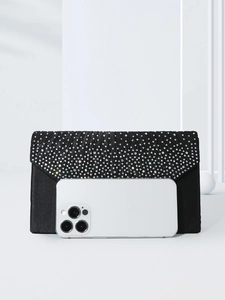 Elegant black satin evening clutch bag with sparkling rhinestones and pleated flip cover