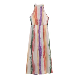 Robe longue chic à rayures multicolores avec col licou et taille croisée coupe moulante
