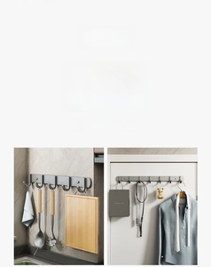 Strong adhesive wall hooks in brushed grey metal shown in kitchen and entryway scenes