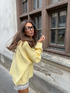 Loose vintage yellow knit sweater with letter patterns for women, casual autumn style