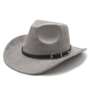 Grey wide brim western cowboy hat with suede finish and ethnic style buckle belt