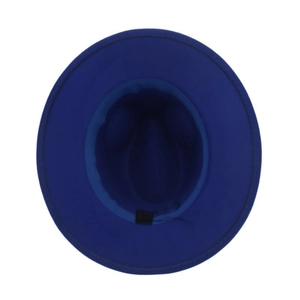 Top down view of blue felt cowboy hat with gemstone accessory and flat brim style