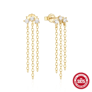 Elegant S925 sterling silver tassel drop earrings with sparkling cubic zirconia stones