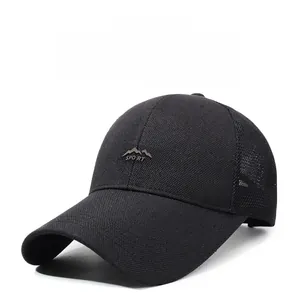 Detail of black sports cap with breathable mesh fabric and mountain peak logo embroidery