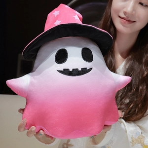 Pink gradient Halloween ghost cat plush with wizard hat held by model