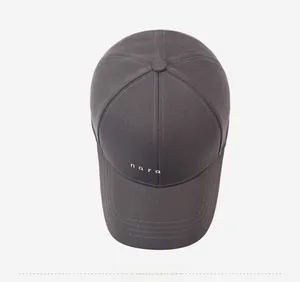 Top down view of a charcoal grey baseball cap featuring white narason embroidery