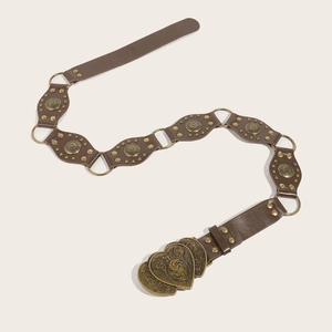 Vintage brown PU leather belt with hollow metal rings and ornate studded details
