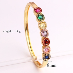 Gold-plated cuff bracelet featuring seven square-cut multi-colored cubic zirconia stones
