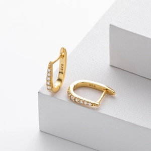 Elegant S925 sterling silver gold U-shaped earrings with rows of clear zircon stones