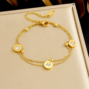 Bracelet Double Rangée Acier Inoxydable Plaqué Or Disque Rond Chiffres Romains Zircon Bijoux Minimalistes Femme