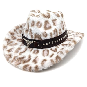 Detail of leopard print faux fur cowboy hat with leather band and metal bull head stud
