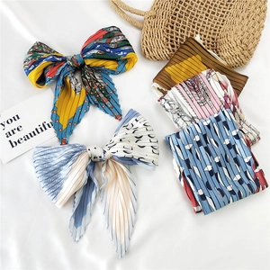 Pleated Square Scarf Simulated Satin Printed Neckerchief Women Fashion Elegant Hair Band Accessory Vintage Pattern