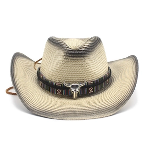 Chapeau de cowboy en paille avec emblème de crâne de taureau et ruban tissé coloré