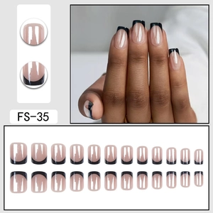 Square French press-on nails with nude pink base and black tips, style FS-35 set