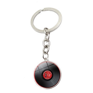 Vintage vinyl record keychain with Old Rocker red label and polished silver metal frame