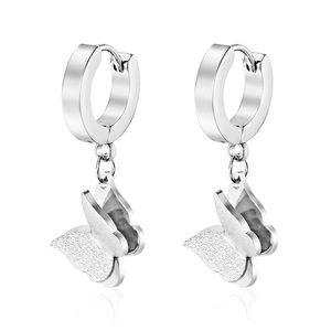 Polished silver stainless steel hoop earrings with textured butterfly charms on white background