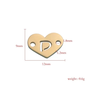 Detail view of 12mm gold stainless steel heart pendant with letter D and dimensions