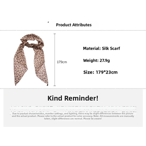 Detail view of leopard print long silk scarf with size specs 179x23cm and material info