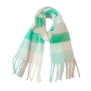 Soft imitation mohair rainbow plaid scarf in green and beige with long tassels