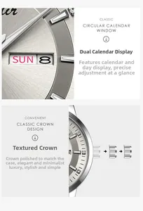 Detailed macro view of silver sunray dial with dual calendar window and polished crown