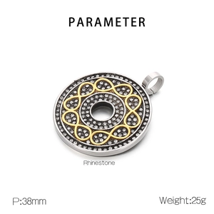 Detail view of round 38mm rhinestone pendant with geometric pattern and parameters