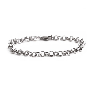 Macro shot of silver stainless steel chain link bracelet with lobster clasp on white background