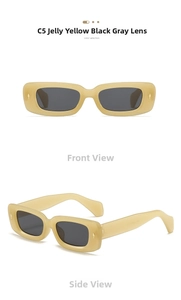 Detail view of retro small rectangle sunglasses in jelly yellow frame and grey lenses