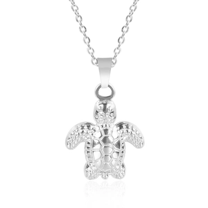 Detailed view of silver turtle pendant on O-chain necklace with clear reflection