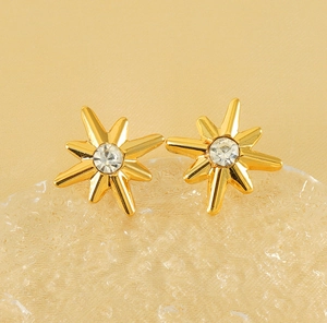 Close-up of 18K gold plated starburst stud earrings with sparkling clear cubic zirconia