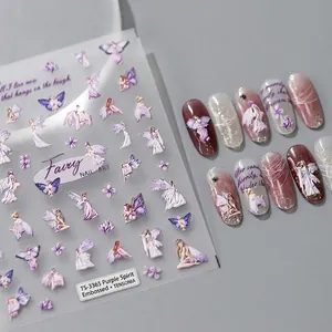 Autocollants Art Des Ongles 5D Relief Fée Violette Papillon Fleur Décoration Manucure 3D Pour Femmes