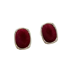 Retro burgundy flocked oval stud earrings with gold grooved frame and 925 silver needles
