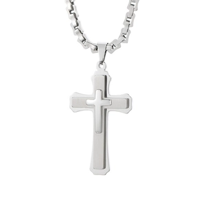 Men's hip hop silver stainless steel necklace with double layer cross pendant