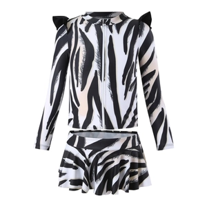 Zebra print girls' long-sleeve two-piece swimsuit with ruffled shoulders and pleated skirt