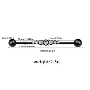 Piercing industriel noir avec gemmes CZ et dimensions détaillées sur fond blanc