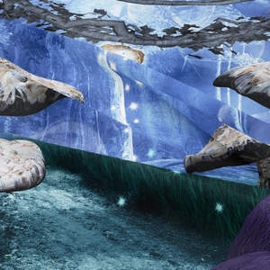 Detail of bohemian mushroom tapestry showing intricate fiber texture and fantasy print