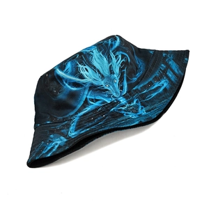 Detail of blue dragon graphic print on black bucket hat with reinforced brim stitching